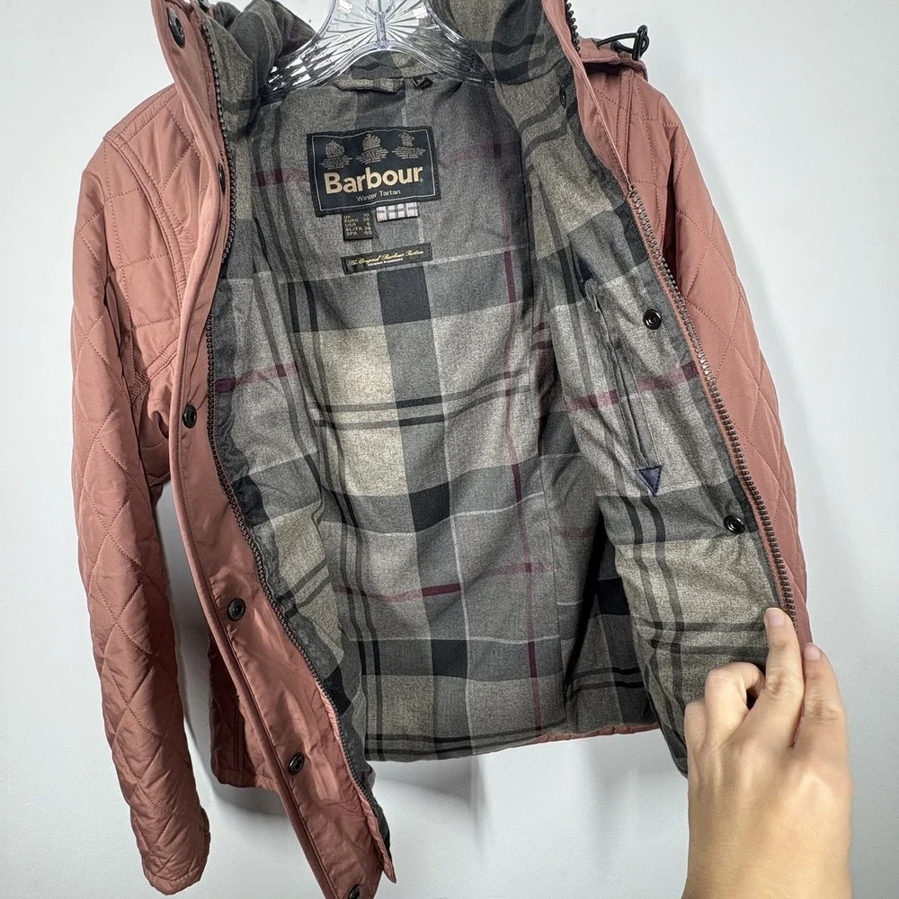 Barbour Womens Millfire Quilted Jacket Size 6 Pink Tartan Zip Up Hooded Winter - Picture 10 of 14